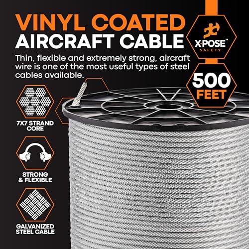 Image of Xpose Safety 7x7 Vinyl-Coated Galvanized Steel Aircraft Cable - 500 ft Wire for Pulley Systems, Winches, Marine & Boat Wire, Deck Railing, Cable Railing, Fencing, DIY Projects