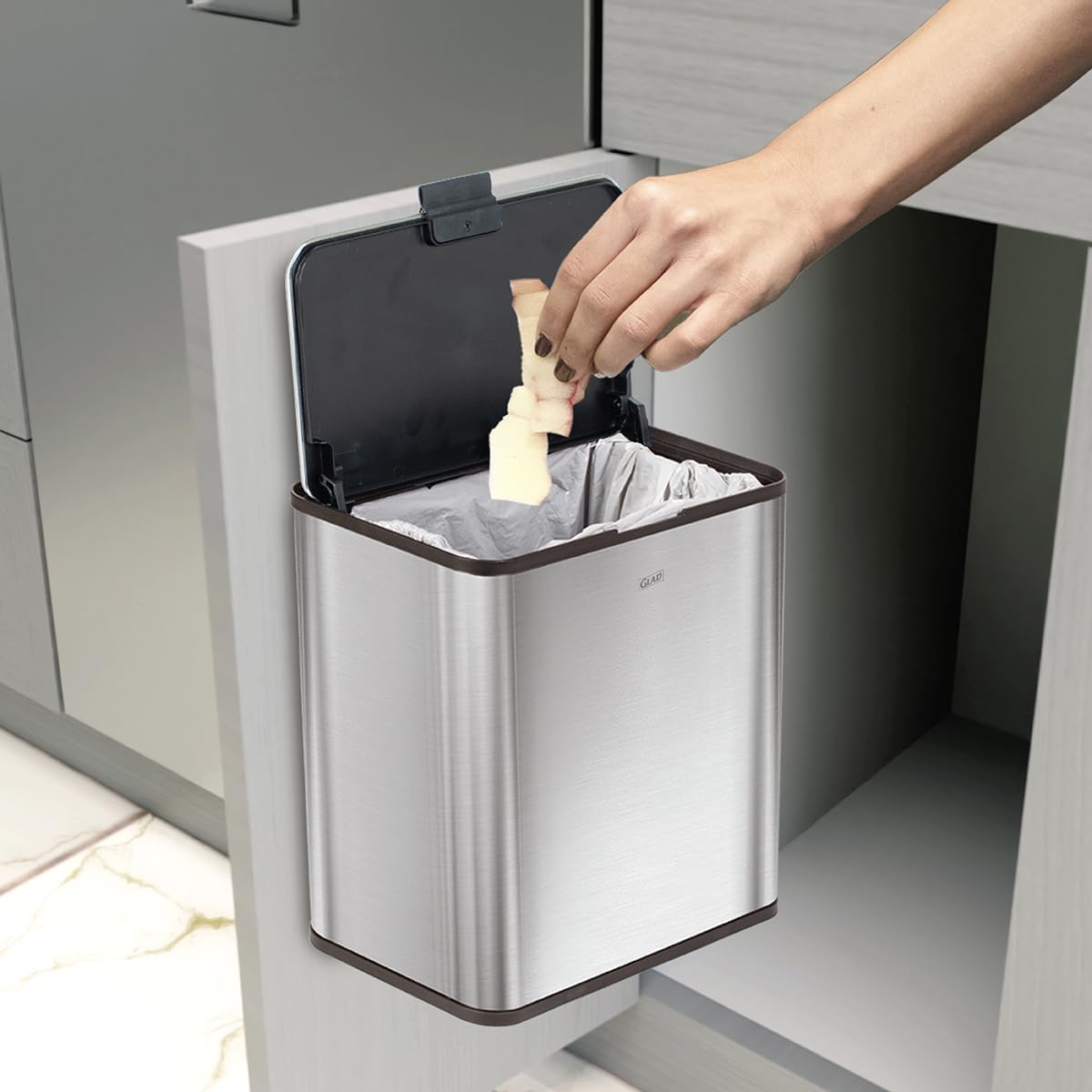 Glad Roomate Under Counter Trash Can - Space Saving Stainless Steel Waste Bin with Dual Lid and Clorox Protection - Small Trash Can for Kitchen Cabinet, Under Sink, or Bathroom, 1.5 Gallon (6L)