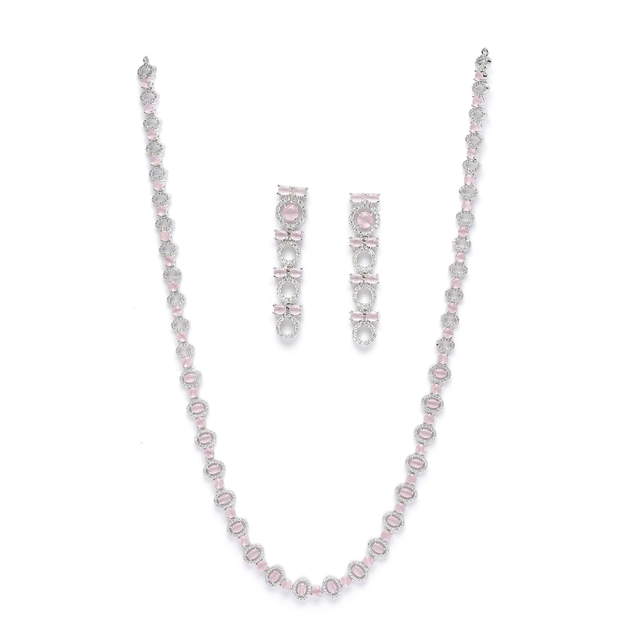 ZENEME Rhodium-Plated Silver Toned Circular American Diamond Long Necklace Earring Jewellery Set for Girls and Women (Pink) (B0C1T8TJ86) Amazon Price History, Amazon Price Tracker