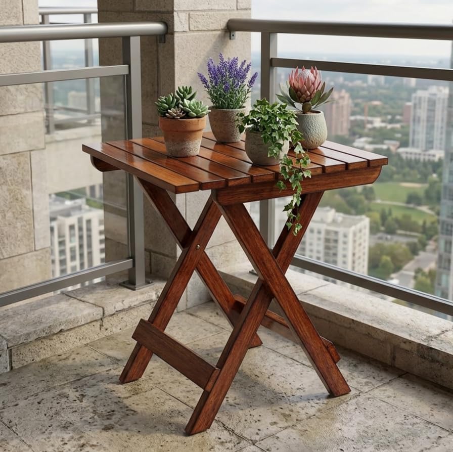 Image of Patio Folding Wooden Coffee & Tea Table, Outdoor Square Portable End Desk for Picnic, Camping, Dining, Balcony and Garden Bistro Side Table, 15x15x15 Inches