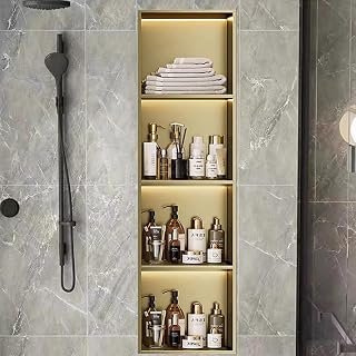 Stainless Steel Recessed LED Shower Niche, No Tile Need Bathroom Storage Lighting Wall Cabinet, Over Mount Installation Shower Shelf,4tier gold,28x12.5x120cm