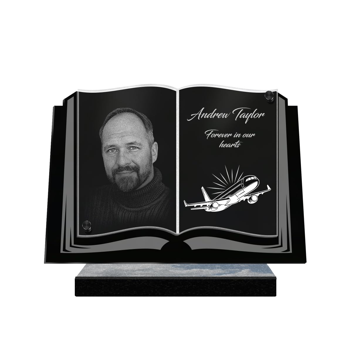 ETERNEL - Personalized Funeral Plaque Book Airplane Customizable Photo and Text, laser-engraved funeral plaque for tribute, cemetery plaque, tombstone, grave, mourning