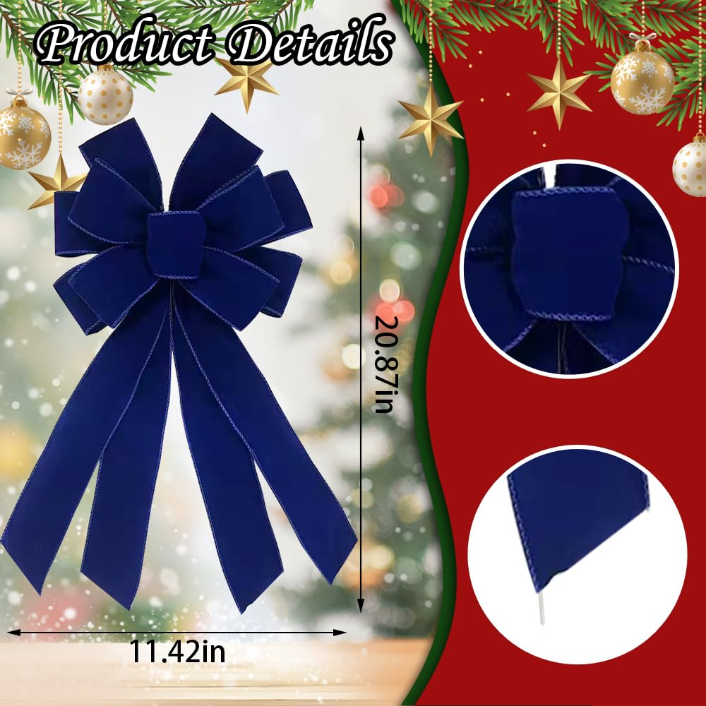 CHMOART Navy Blue Velvet Wreath Bow 20 x 11 Inches Large Birthday Bows Winter Farmhouse Bow Wedding Tree Topper Ornament Bow for Home Front Door Decorations