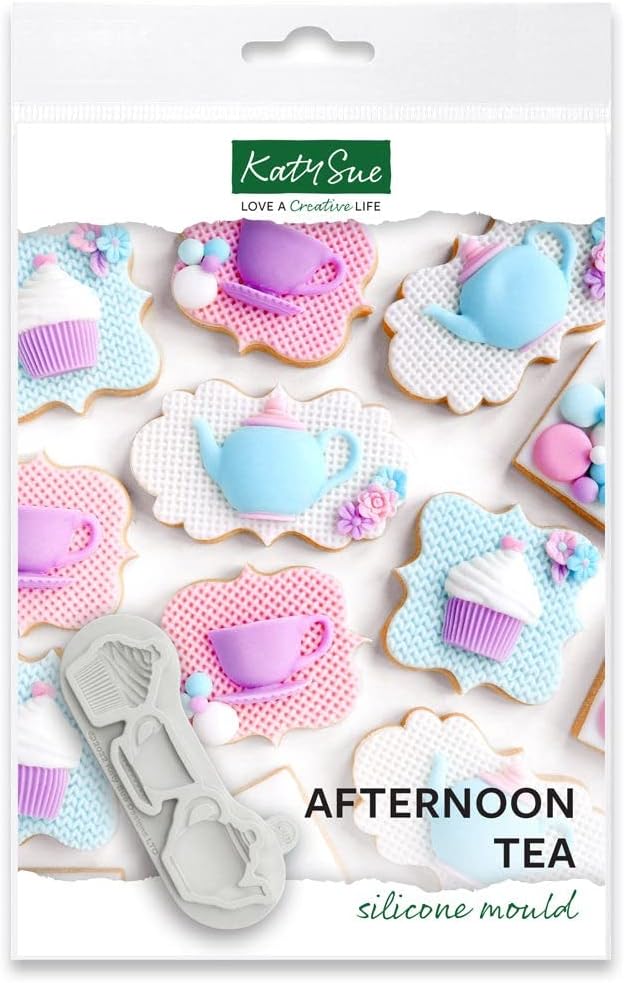 Katy Sue Afternoon Tea Silicone Mould for Cake Decorating & Craft. Cupcake 31 x 27, Teacup 22 x 32, Teapot 36 x 46 Millimetres. Use with Fondant, Sugar Paste & Clay from Katy Sue Moulds. UK-Made