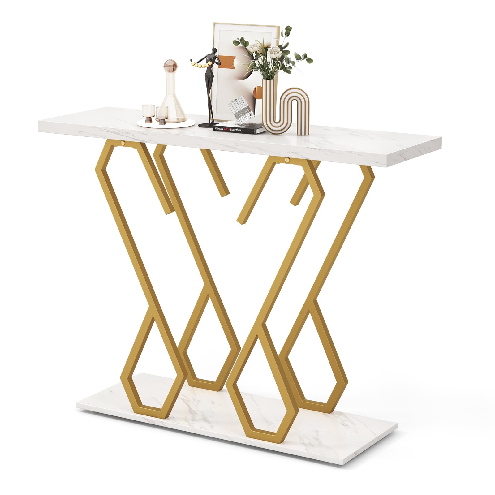 COSTWAY Tavolo Consolle 100cm, Tavolo d'Ingresso con Piedini Regolabili, Kit Antiribaltamento e Struttura in Metallo, Tavolino da Divano per Soggiorno, Ingresso e Corridoio (Bianco e Oro)