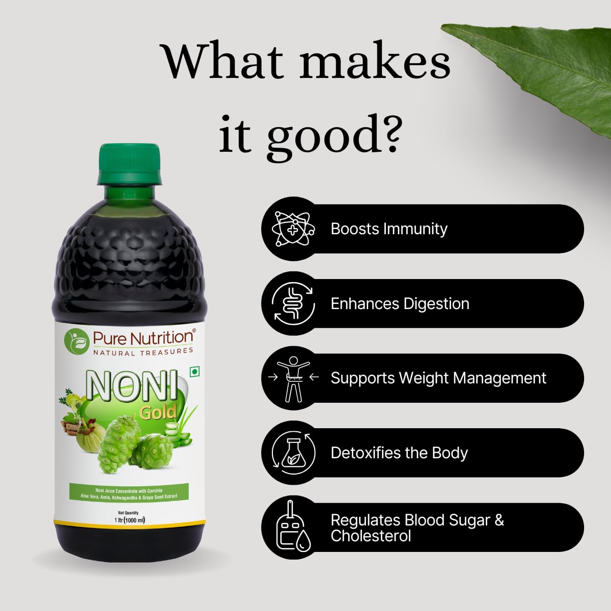 Pure Nutrition Noni Gold Detox Juice 1L | Body Detox Drinks for Cleansing Body With Garcinia, Aloe Vera, Amla, Ashwagandha & Grape Seed Extract | Supports Diabetes Care, Digestion, Immunity & Skin Health 1