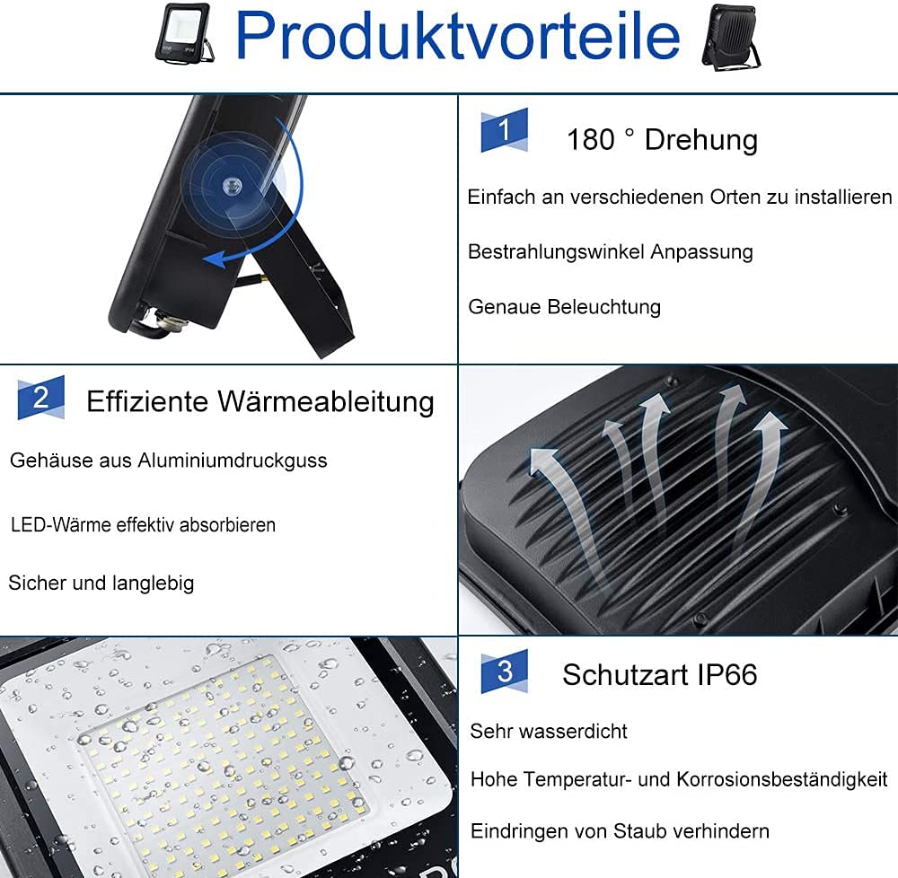UISEBRT Reflektor LED 2 x 100 W, ciepła biel ze statywem, wodoodporna lampa robocza LED, IP66, do użytku wewnątrz i na zewnątrz, do garażu, ogrodu, na budowę (2 x 100 W zimna biel + statyw)