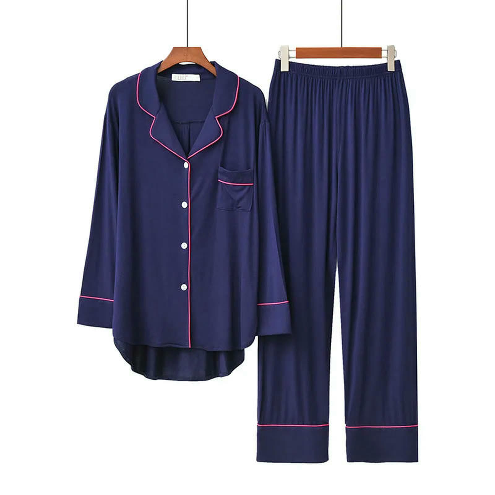 Pigiama 2 Pezzi da Donna Manica Lunga Modale Sciolto Traspirante Morbido Abito Abbigliamento Casa Confortevole-Grigio Scuro-s
