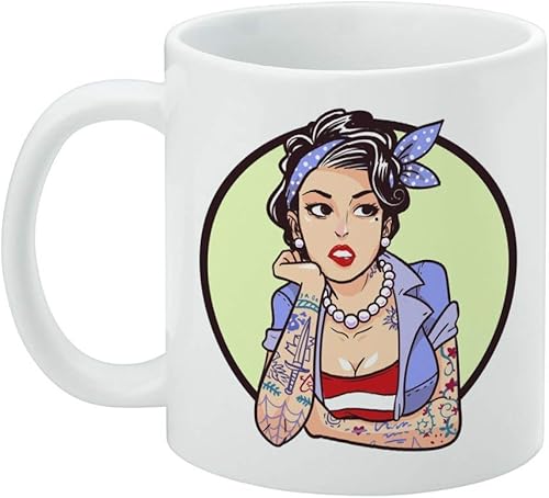 Miniatura 3 de Rockabilly - Taza de café de cerámica retro Pin Up Girl With Tattoos, novedosa taza de regalo para café, té y bebidas calientes, 11 onzas, color