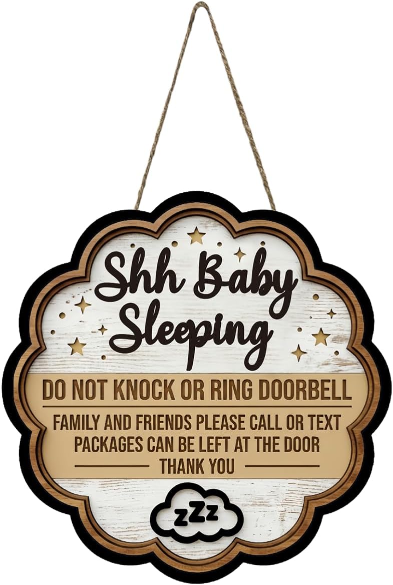 Baby Napping Sign for Front Door, No Knock No Bell Wooden Door Sign, Sleeping Door Hanger with Leave Packages Here Message, Nursery Decor for Newborn Baby Room
