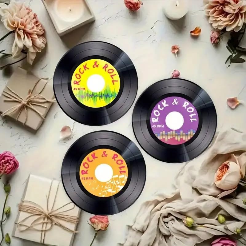Image of Retro Vinyl Record Design Wooden Coaster Colorful Heat-Resistant Drink Suitable Cafes, Bars, and Homes Retro Style Kitchen Table Accessories Durable Wooden Decorative Items Choice Hotel