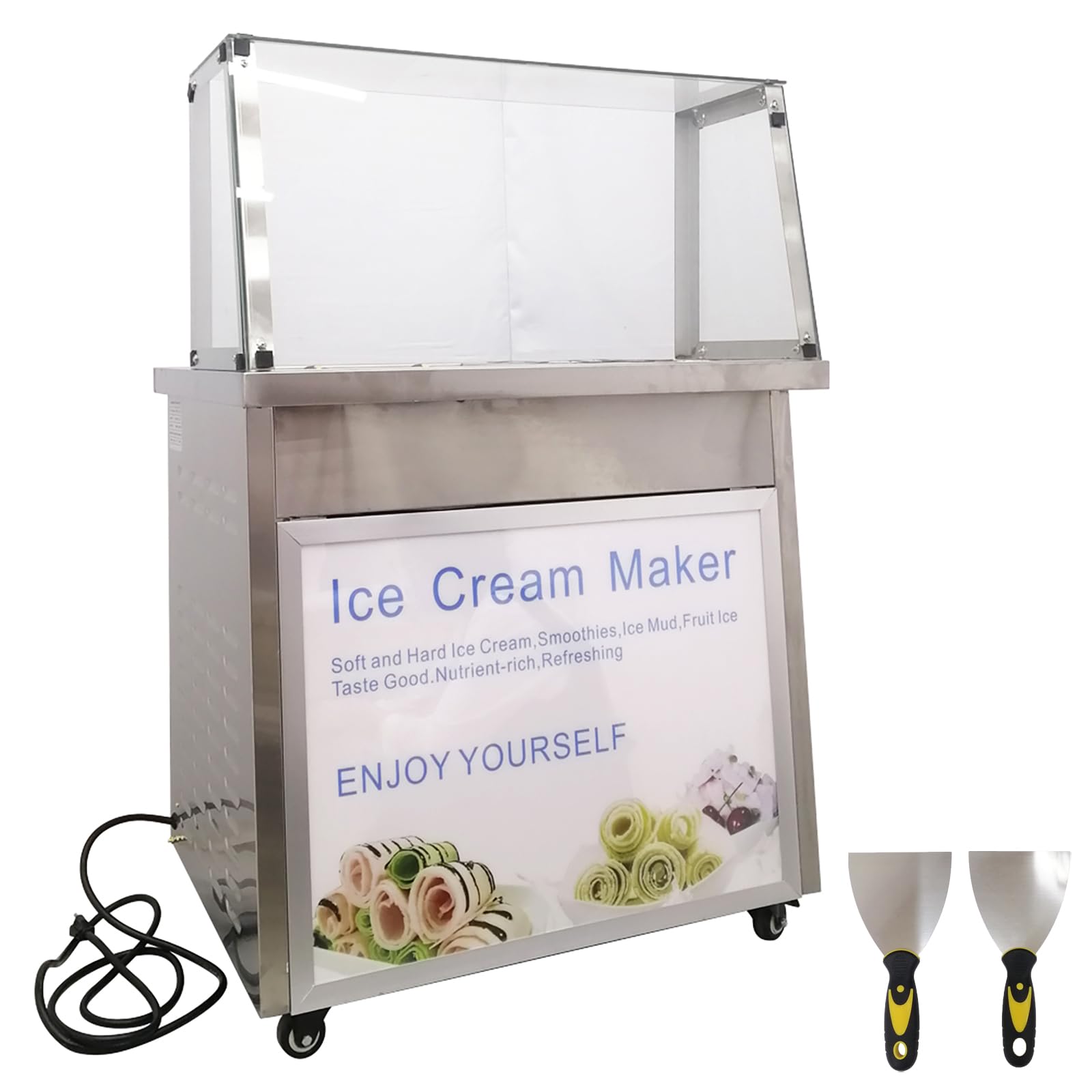 WYDDDARY Ice Cream Maker Fried Ice Cream Machine Ice Cream Roll Maker Commercial Stir-Fried Yogurt Maker with Six Buckets and Light 110V 1200W