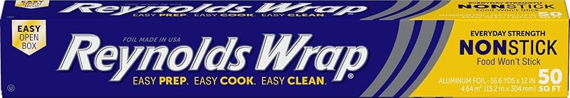 Reynolds Wrap Nonstick Aluminum Foil Roll, 12 Inch Wide, 50sq ft | Nonstick Foil, Prevents Stuck-On Food, Mess-Free, Great for Baking, Roasting, Casseroles, Grilling, 16.6 yds x 12 in
