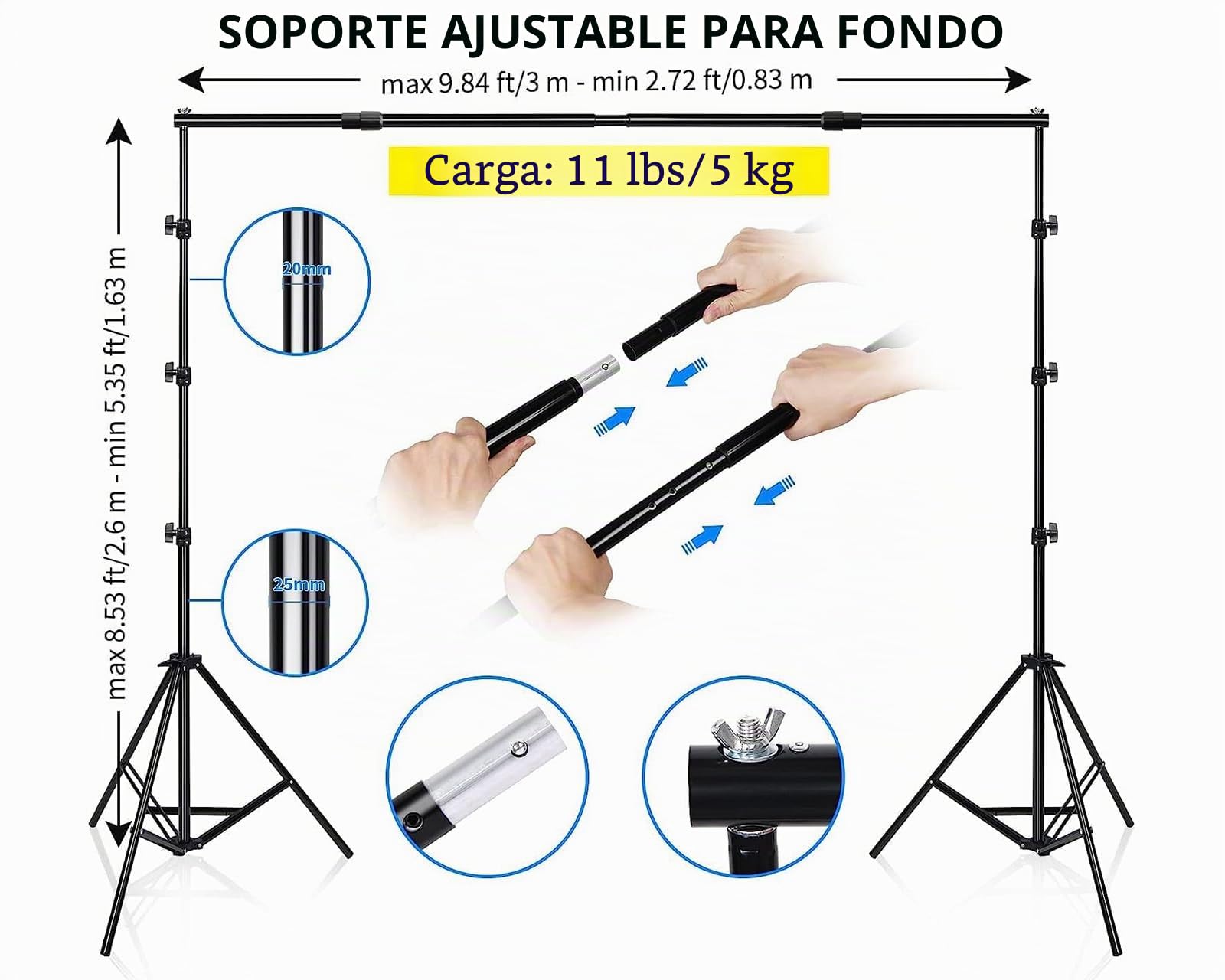 Kit de Soporte para Fondos 2,6 X 3 M Ajustable, Portafondos con 3 Telones de Fondo de Poliéster (Blanco, Negro, Verde) y 8 Pinzas para Estudio Fotográfico, Videos y Retratos