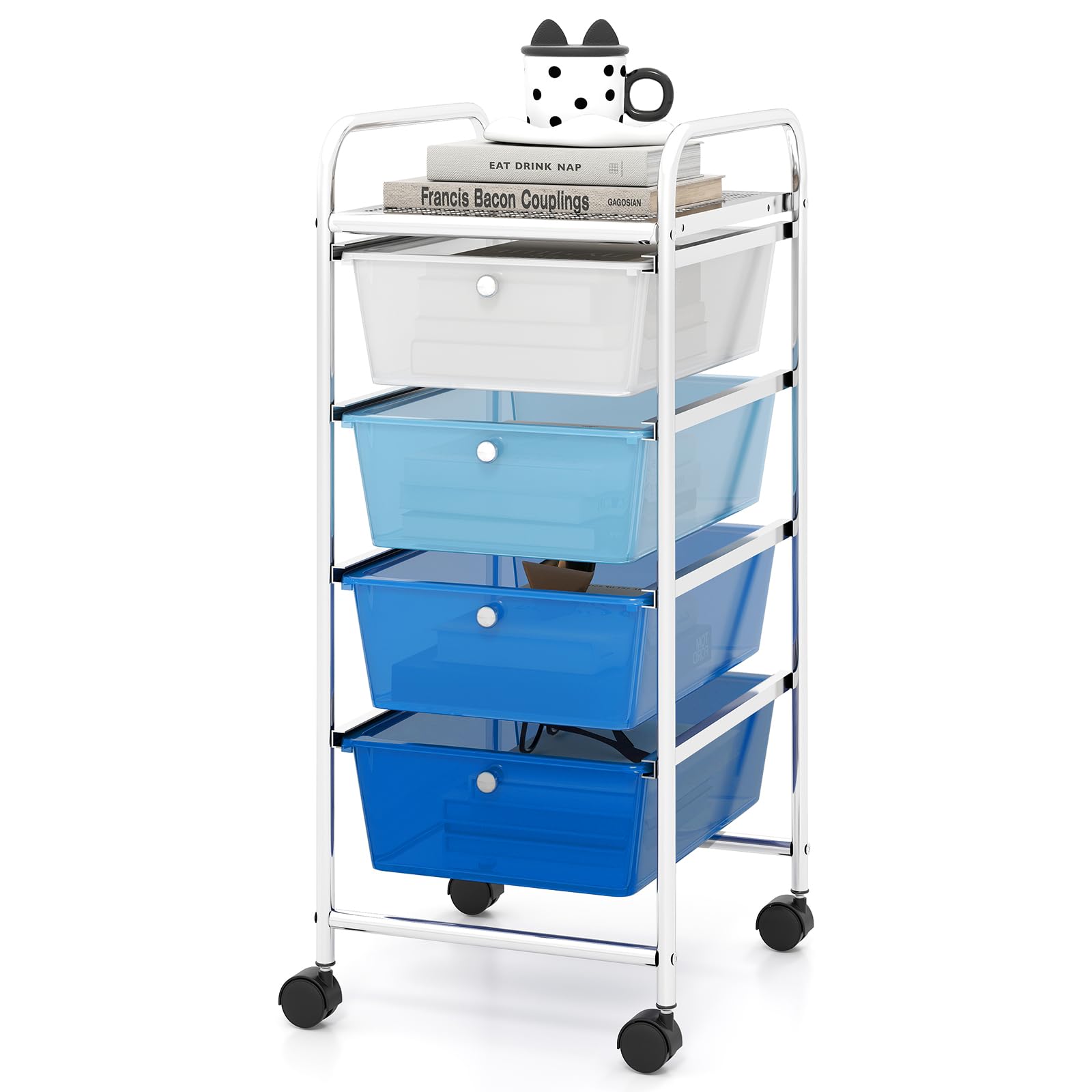GOPLUS Chariot de Rangement à Roulettes Étroit avec 4 Tiroirs Amovibles et Empilables, 37x32x76CM, Tour de Rangement Mobile Gain de Place, Desserte à Roulettes, pour Salle de Bain, Cuisine (Bleu)