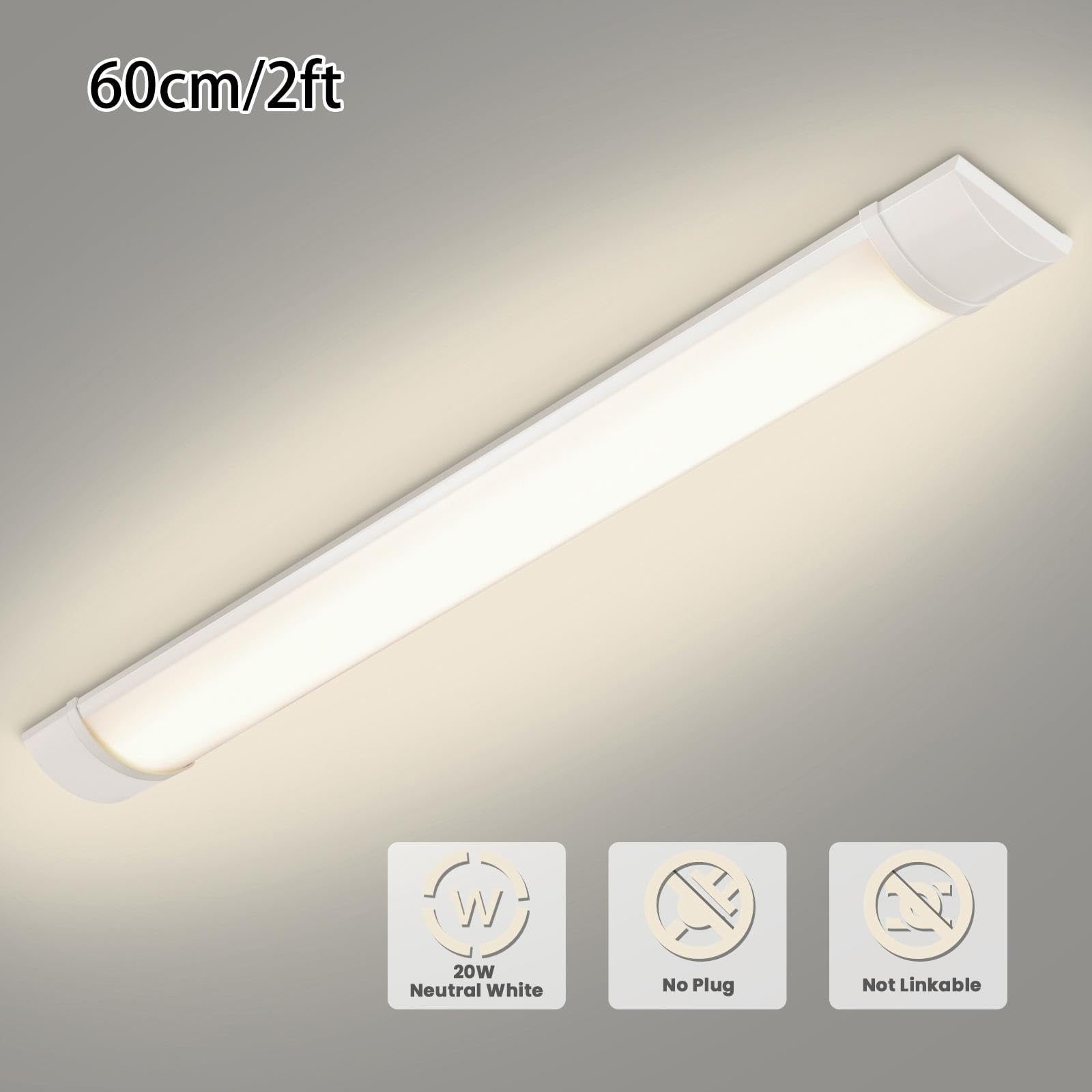 Viugreum Lot de 4 Réglette LED 60 cm, 20W 2400LM Plafonnier Lampe Rectangulaire, Blanc Neutre 4500K Neon Tube LED Lumière, IP22 pour Plafond, Garage, Magasin, Cave, Entrepôt, Bureau, Atelier