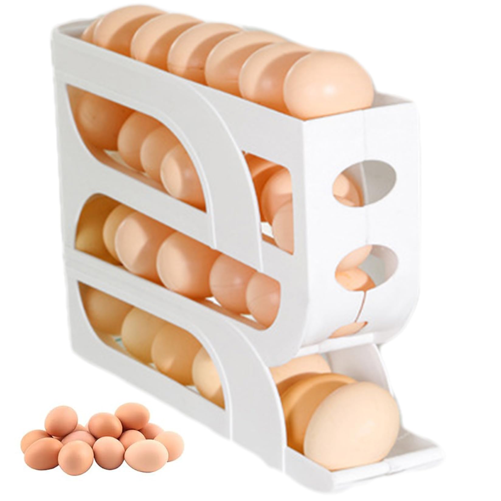 4 Tier Egg Holder For Fridge Visibility Automatic Rolling Stackable Egg Rack for Holds 30 Eggs Keeping Freshness Egg Dispenser for Refrigerator Countertop Cabinet (White) Egg Container For Refrigerat