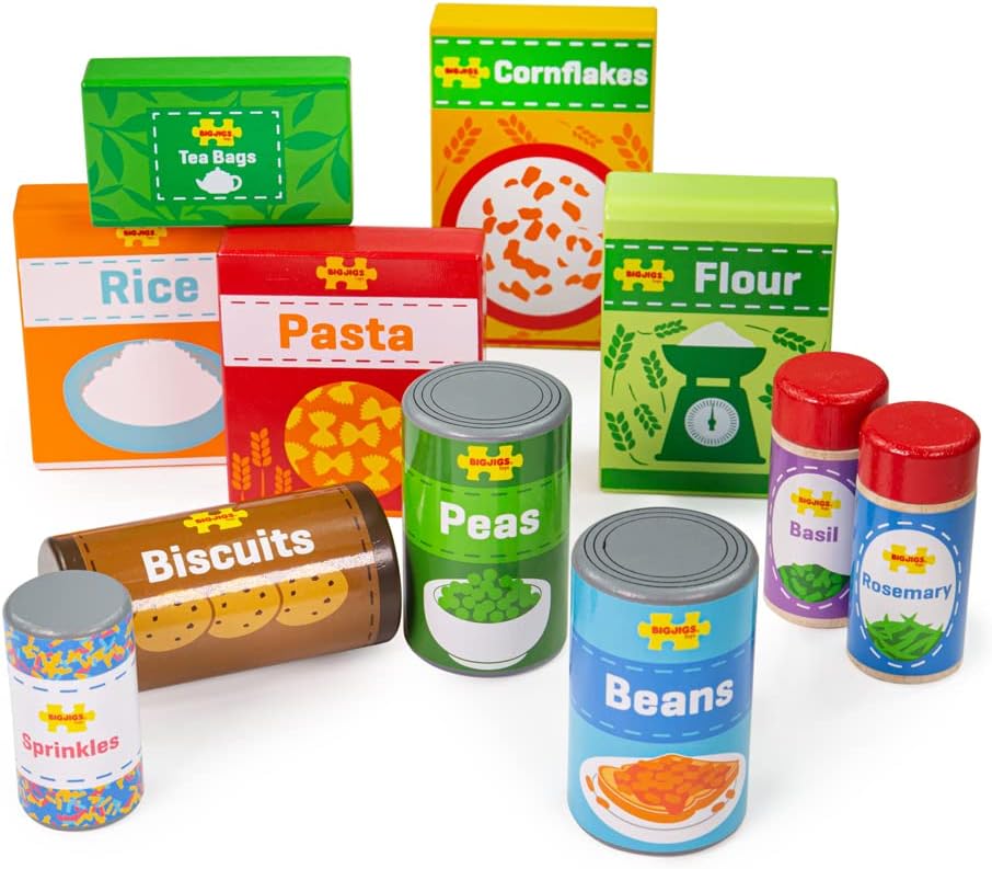 Bigjigs Toys Wooden Cupboard Groceries | Pretend Play Food for Kitchen Set | Supermarket Shopping Accessories | Montessori Educational Tool for Toddlers | Kids Gifts for 3+ Year Old Children