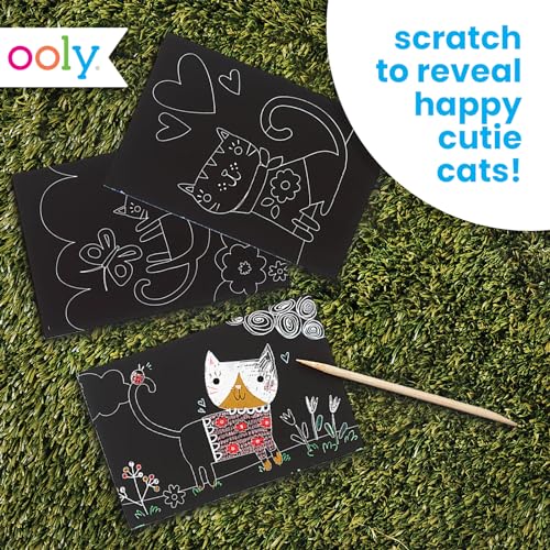 ooly mini scratch amp scribble art kit - 6 card rainbow scratch art set gifts for kids travel-friendly craft kit wooden tool included - cutie cats