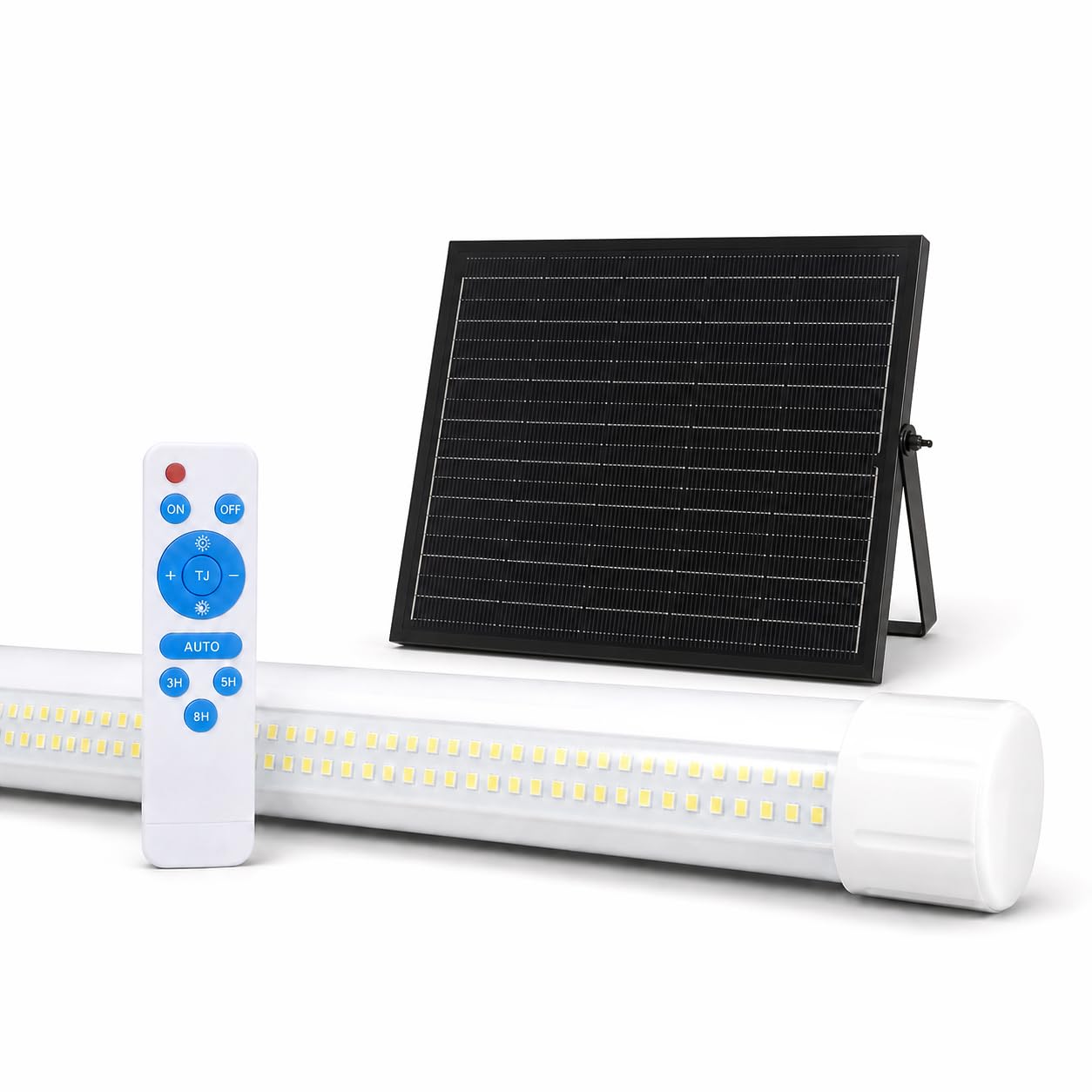 Reglette LED Solaire Extérieur 4000K – Éclairage Garage, Terrasse, Abri – 3 Tailles, Télécommande, Autonome Jusqu’à 12h, IP54 Étanche, Sans Fil (105 CM)