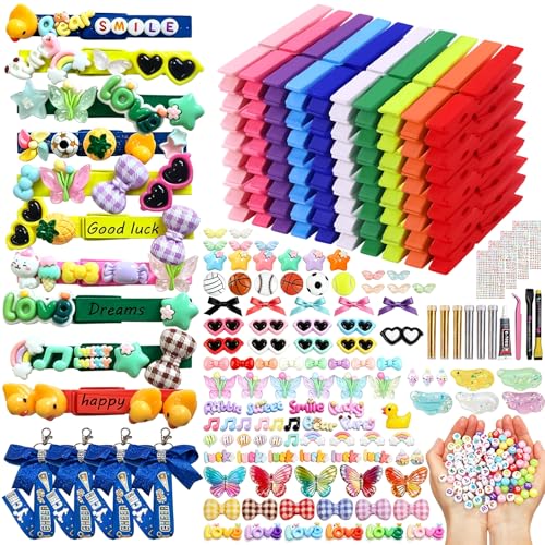 80 PCS Cheer Pins Spirit Clips Volleyball Clips Decorating Kit with 4 cheer Keychain 134 Resin Charms Bows Sticker 300 Beads Pearls Charm for Cheerleader Backpacks and Cheer Gifts(Rainbow colors)