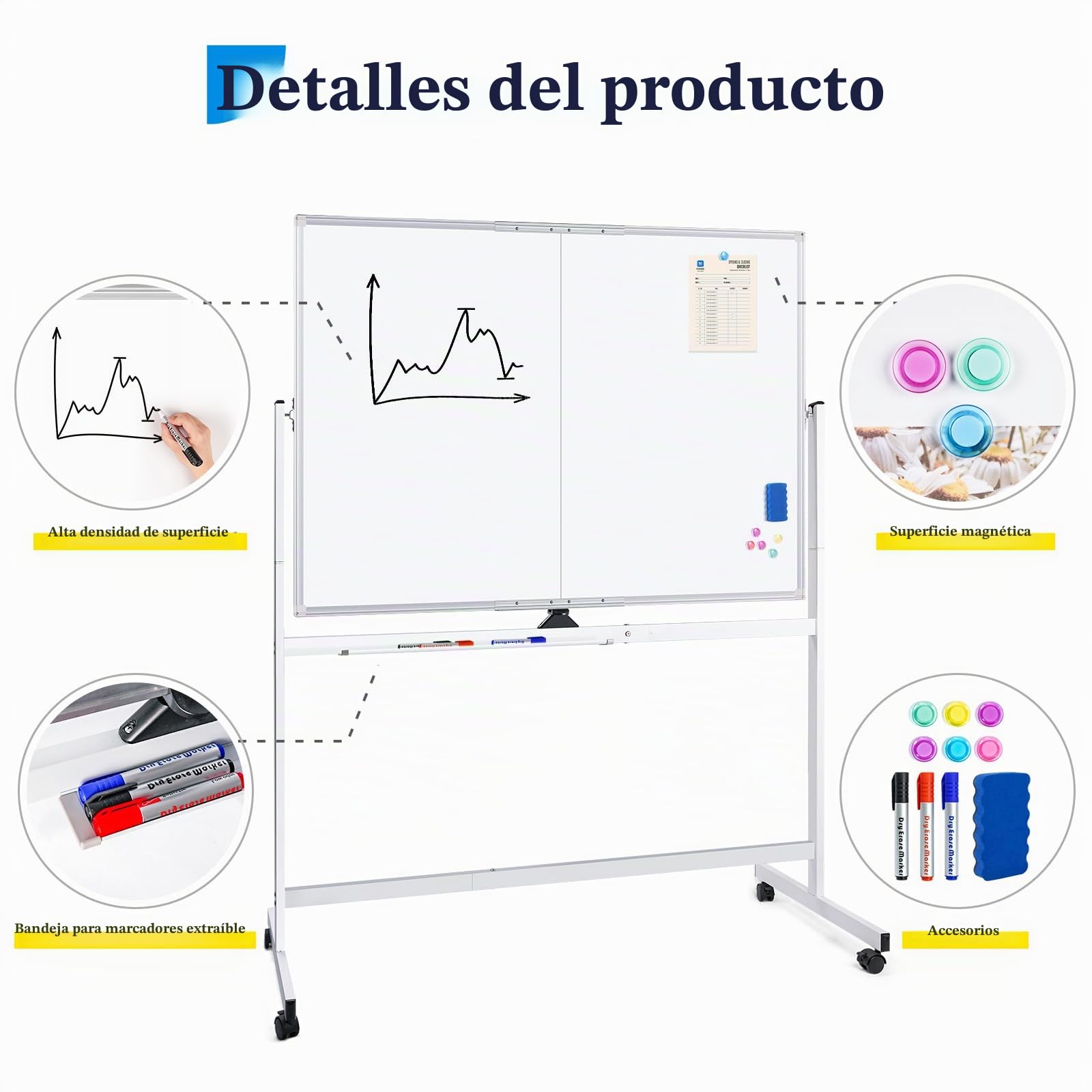 maxtek Pizarra Blanca con Ruedas 120 x 90 cm, Pizarra Magnética Grande de Doble Cara con Marco de Aluminio, con Marcadores, Imanes y Borrador de Pizarra, Pizarra Móvil para Escuela en Casa, Oficina