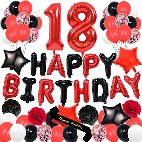 yujiaonly 18th Birthday Party Decorations-Happy Birthday Foil Ballons Banner Red Number 18 Happy Birthday Sash Latex Balloons Perfect for 18 Years Old Party Supplies Balloons Number 18 Red
