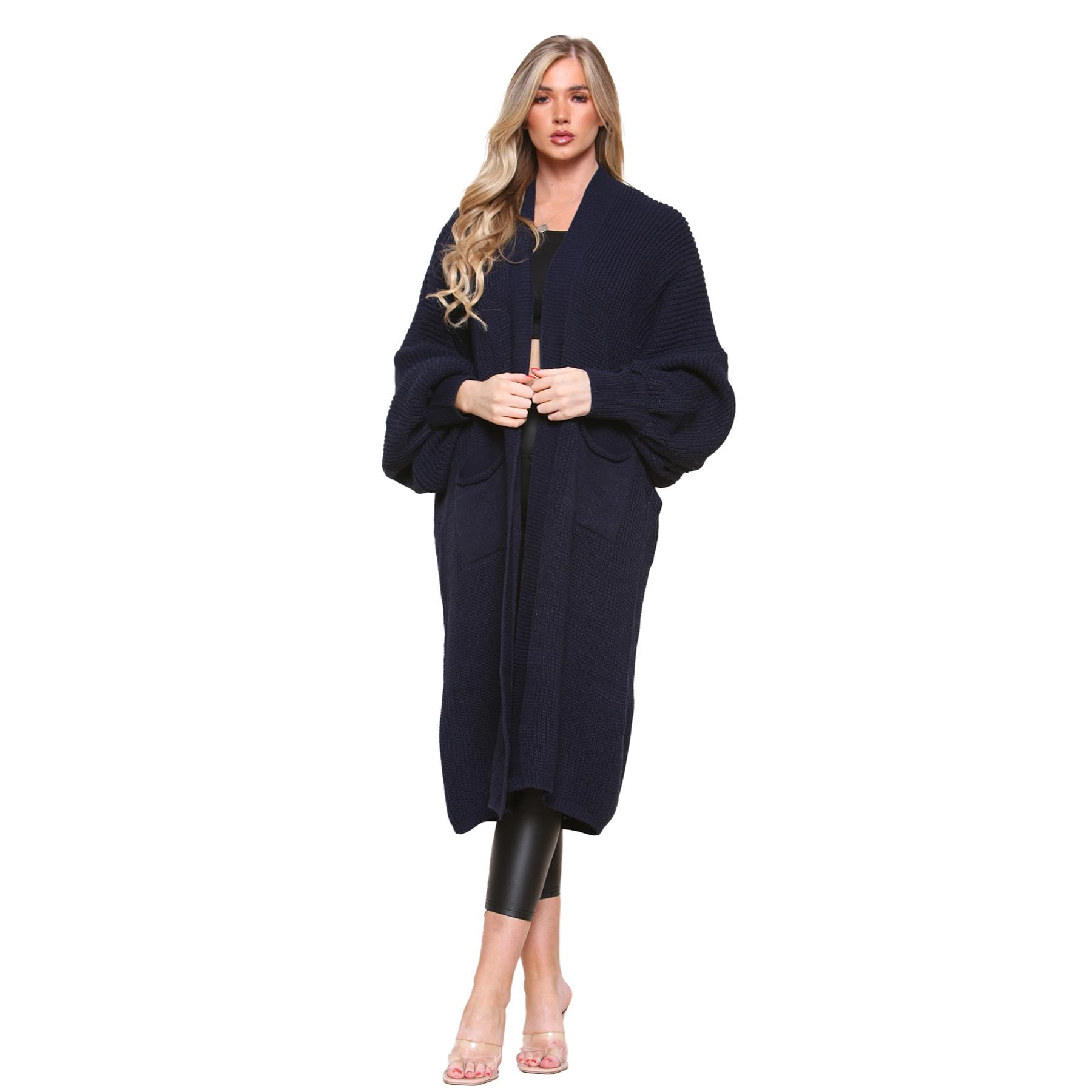 Hamishkane® Womens Chunky Knitted Cardigan, Open Front Balloon Sleeve Long Cardigans for Women UK, Winter Maxi Coatigan with Pockets, Warm Oversized Fall Sweater Navy