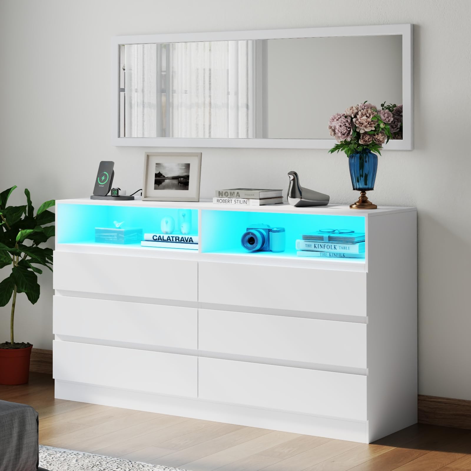 Amazon.com: Gyfimoie 6 Drawer Dresser with Mirror for Bedroom, Accent ...