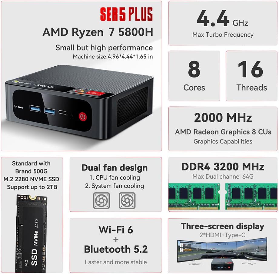 Beelink SER5 Plus Mini PC, Mini Computers with AMD Ryzen 7 5800H (8C/16T up to 4.4Ghz), 16G DDR4+500GB M.2 2280 NVMe SSD, WiFi 6, 1000Mbps, BT 5.2, 4K, Dual HDMI, Type-C, Radeon Graphics (8C, 2000MHz)