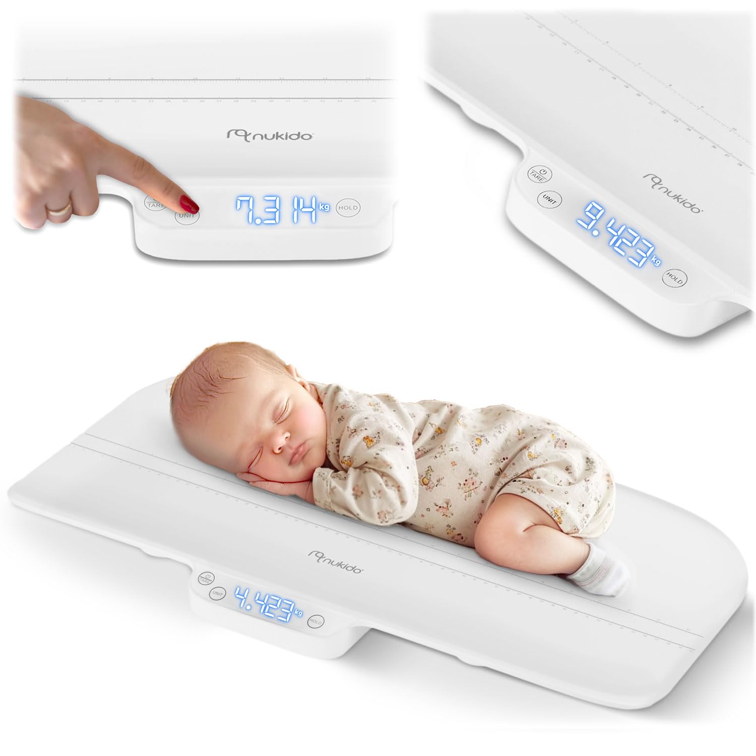 Nukido Bilancia per bambini, 40 kg, portata 5 grammi, precisione con funzione Tara Hold, scala di misurazione integrata, colore bianco