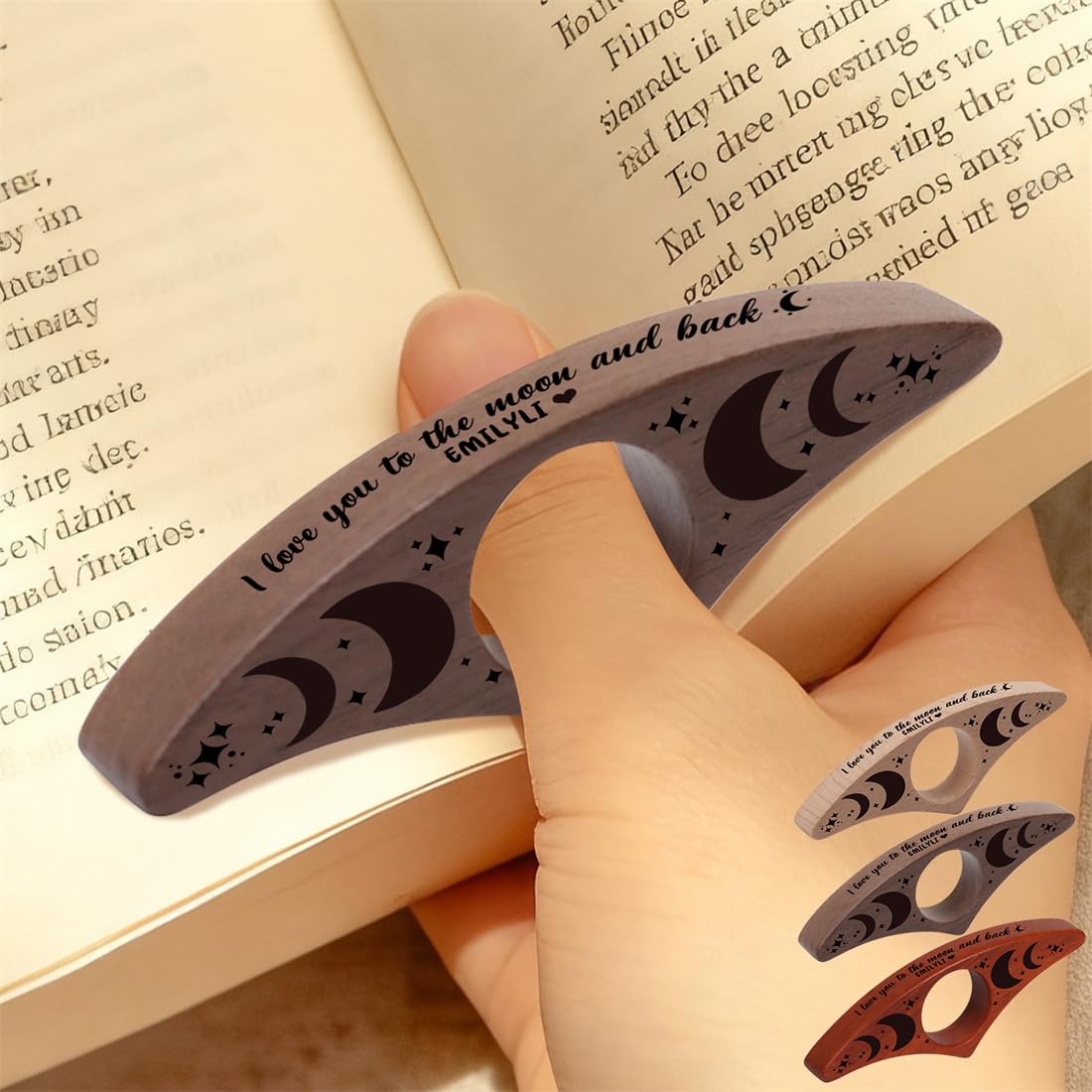 Personalised I Love You to The Moon and Back Book Page Holder Custom Name Wood Thumb Page Spreader Holder for One-Handed Reading Gift for Couple Book Lover Valentine's Day Xmas (Style 11)