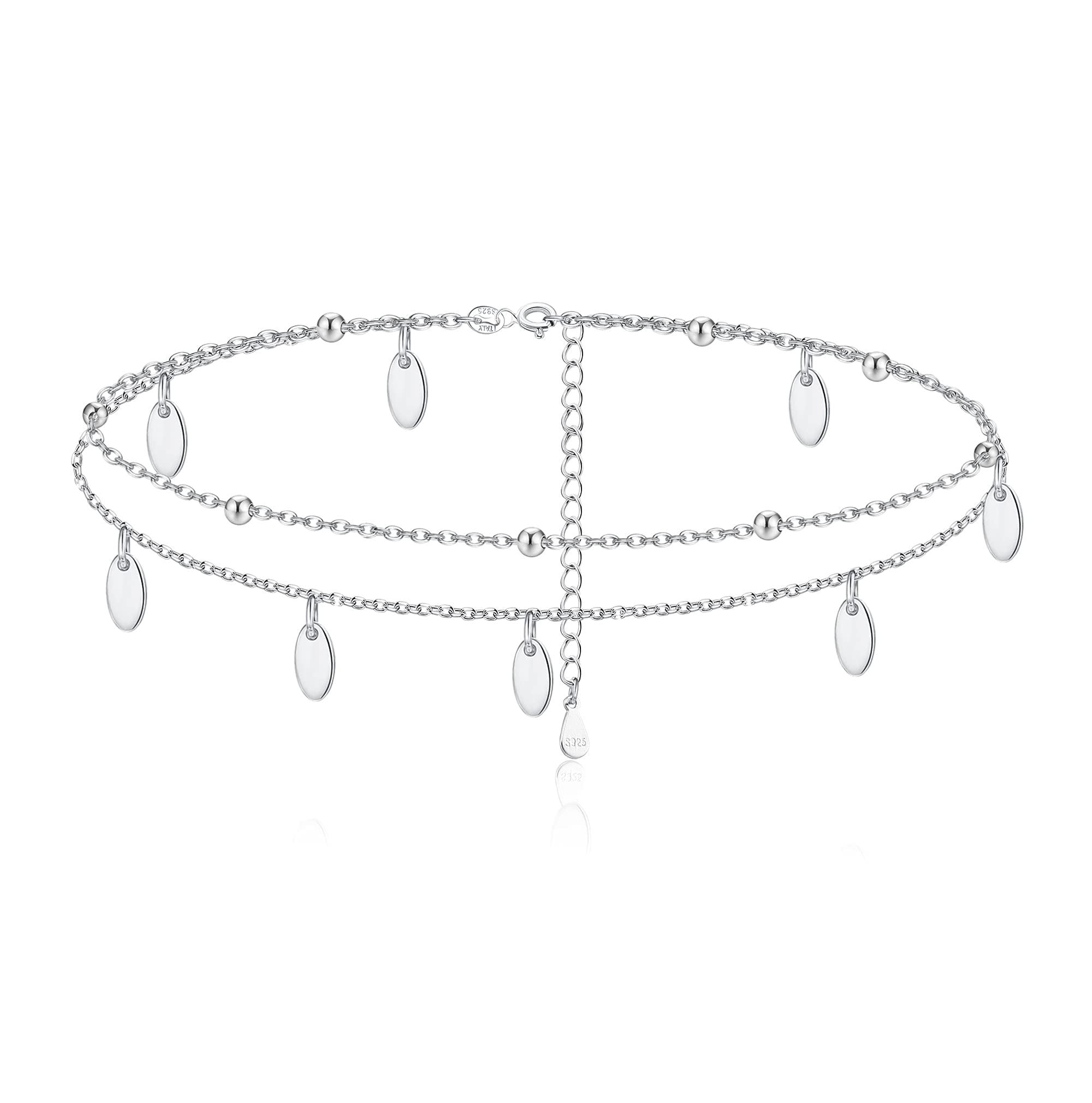 FinrezioTobilleras de Plata de Ley 925 Para Mujer de Doble Capa, Pulsera de Tobillo, Mariposa Corazón Estrella Cuentas Cadena de Serpiente Tobillera Ajustable Boho Joyería