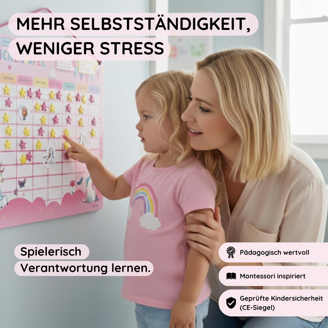 Rabano Belohnungstafel für Kinder – [400 Magnete + über 100 Aufgaben] - Belohnungssystem - Routine Planer & Wochenplaner Kinder, Haushaltsplan (Einhorn)