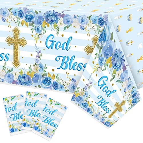Image of 3 Packs Blue Baby boy Baptism Party Tablecloths Decorations Flower Theme Disposable Plastic Waterproof Rectangle God Bless Table Cover for boy Baby First Communion Party Favor Supplies