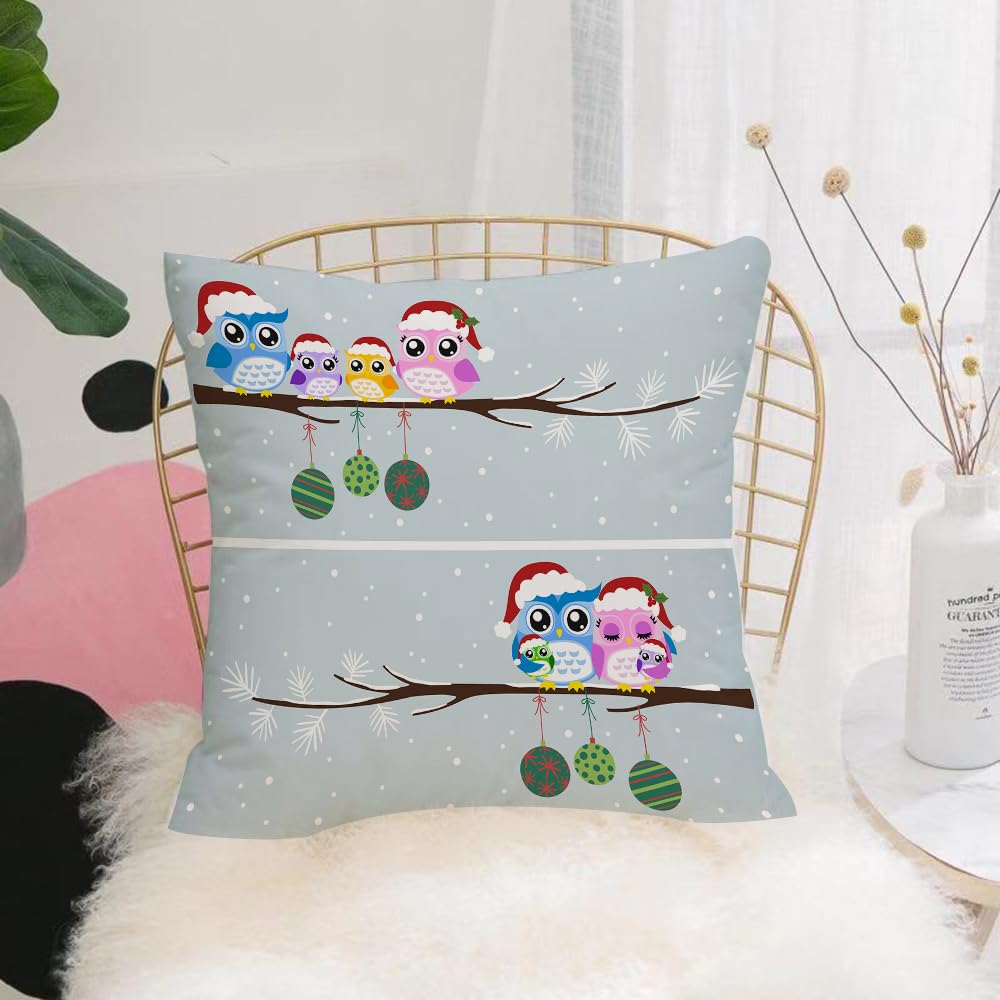 HYMSXW Cushion Cover,Throw Pillow Case Home Decorative for Living Room Bedroom Sofa Chair 20X20 Inch,Christmas theme, cartoon, colorful owl with santa hat standing on a branch,Pillowcase 50X50cm