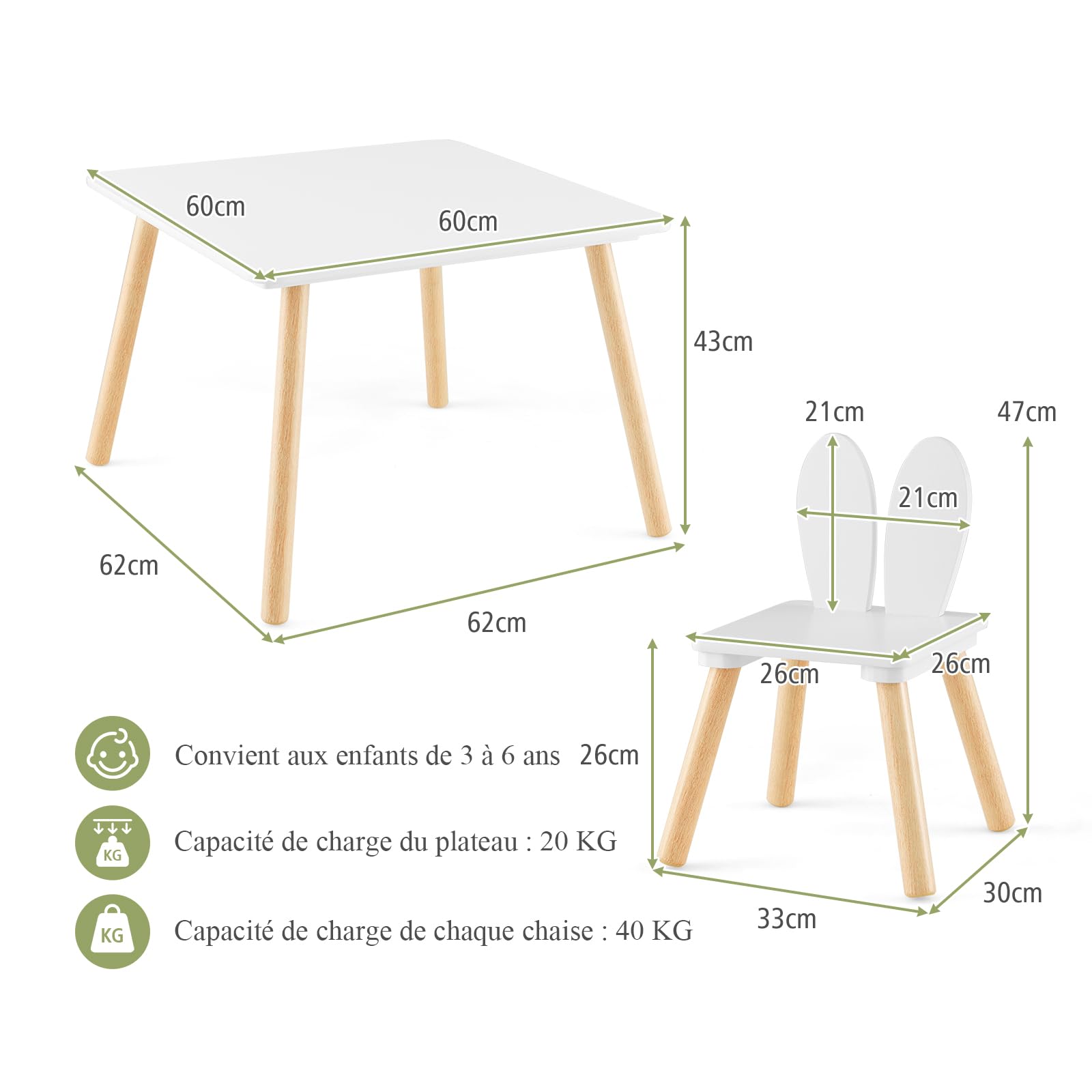 LIFEZEAL Ensemble de Table et Chaise pour Enfants 3-6 Ans, Table Enfant avec 2 Chaises en Bois, Chaise avec Dossier en Forme de Lapin, Charge de 20/40 KG, Table de Jeux 60x60x43 CM (Blanc)