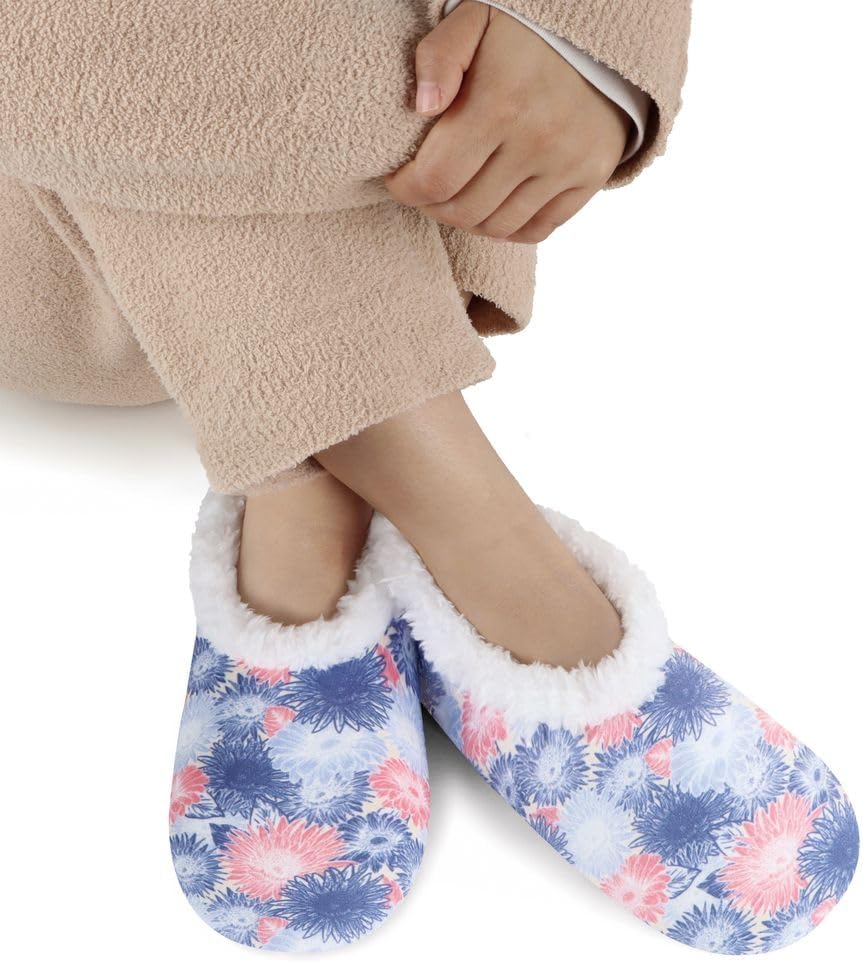 Snoozies Blissful Print Slipper Socks for Women with Warm and Soft Sherpa Lining, Cute House Shoes for Women Non-Skid Sole