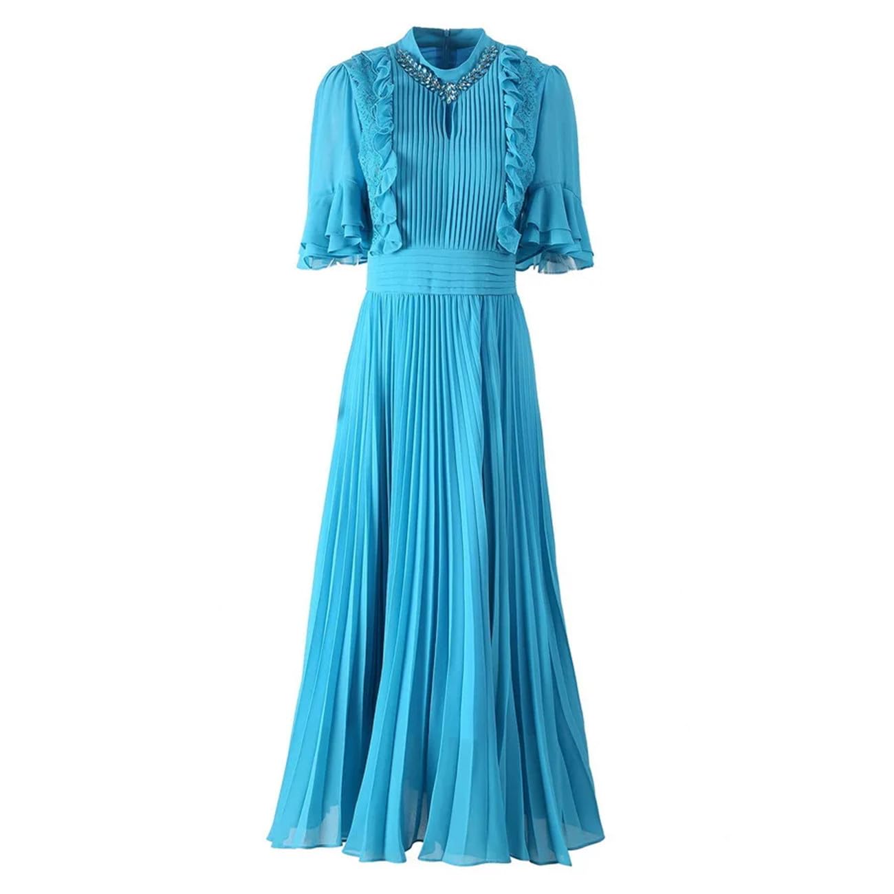 Yeuyyben Elegante abito estivo plissettato lungo maxi chiffon per le donne colletto alla coreana Rinestone manica svasata abito da sera