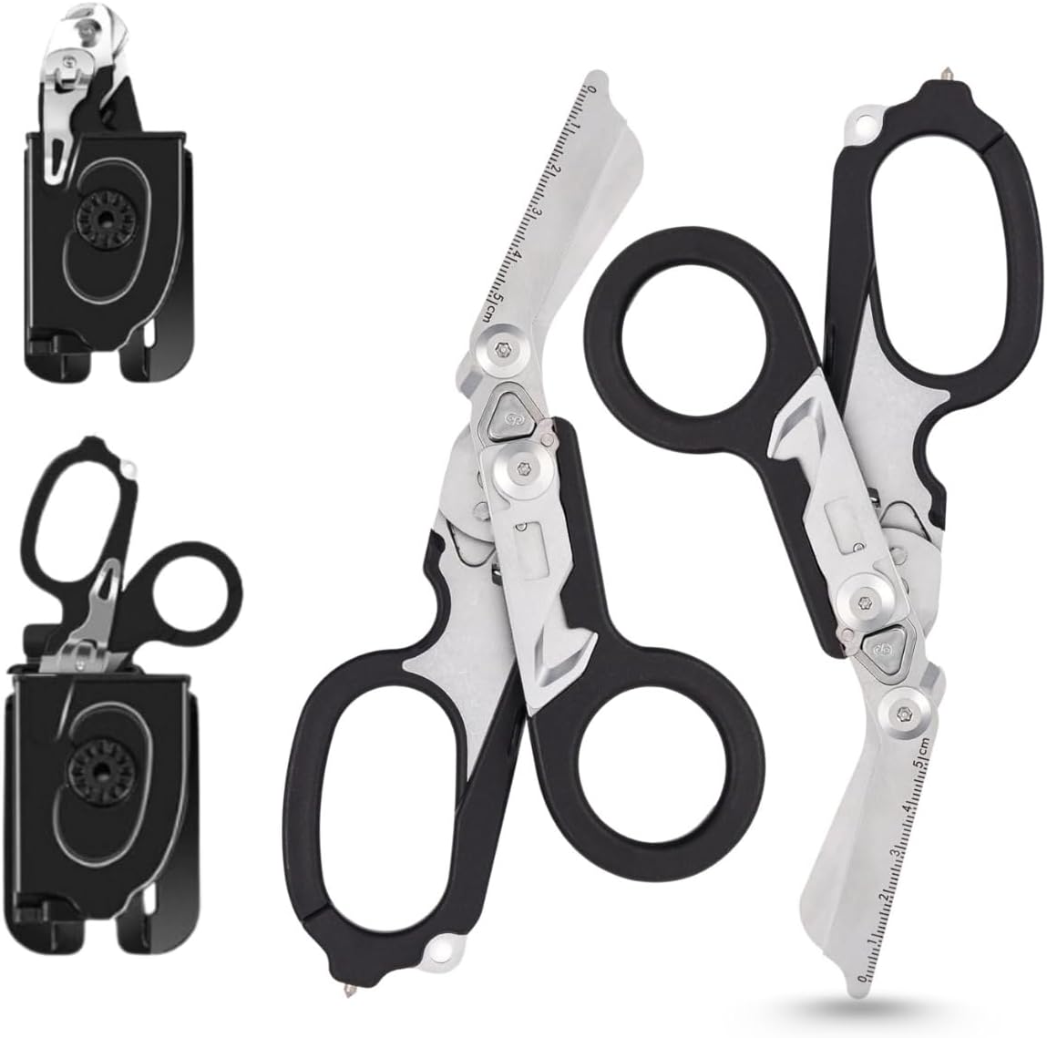 Pack 2 | 6 in 1 Multifunctional Trauma Shears Foldable with Strap Cutter | Heavy Duty Stainless Steel Emergency Response Shears | Survival Shears With Holster | Medical Trauma shears Tactical | Black