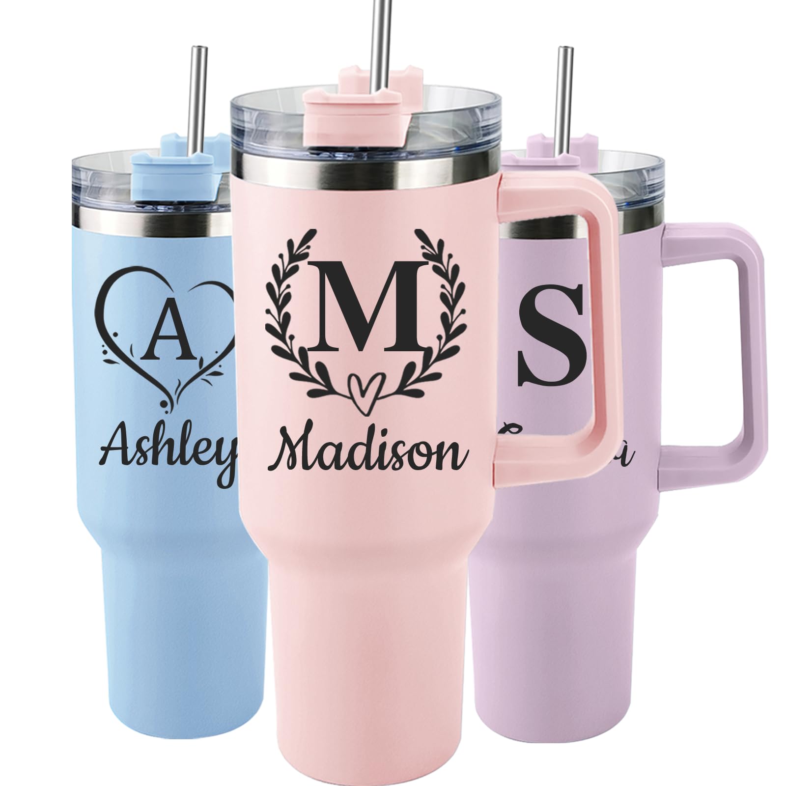 Personalized 40 Oz Tumbler with Handle and Straw, Custom Cup with Name & Birth Flower, Stainless Steel Travel Coffee Tumbler,Personalized Mothers Day Birthday Gifts for Women, Teen Girls