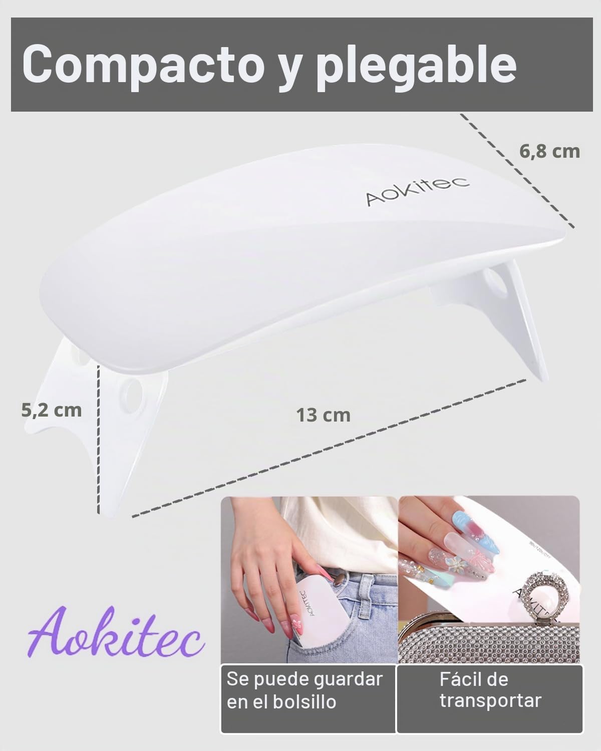 Aokitec lámpara LED uñas de gel portátil USB secador 2 temporizadores