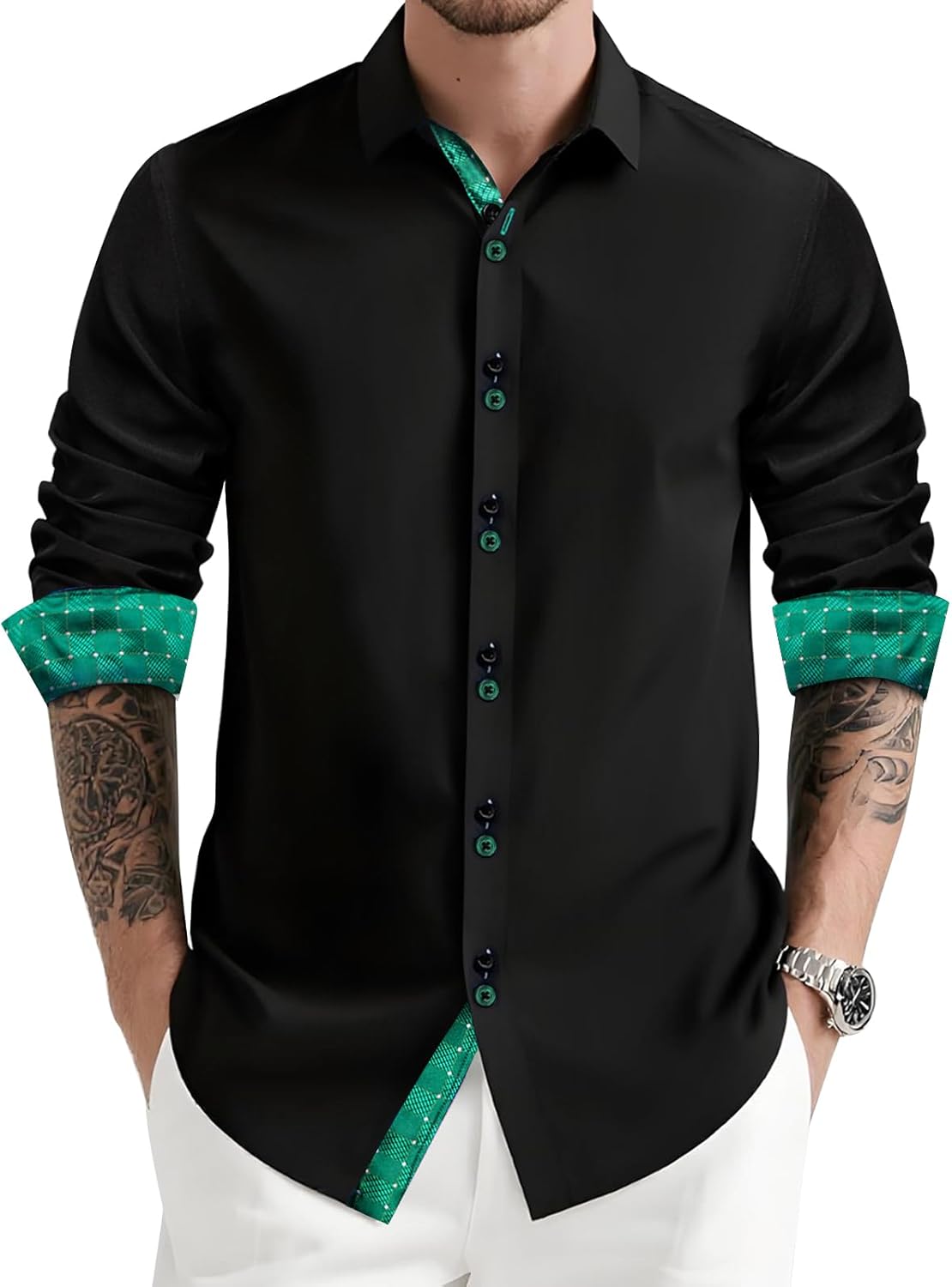 DiBanGu Men's Dress Shirt Long Sleeve Casual Button Down Shirts Regular Fit Inner Contrast Shirt for Business Party