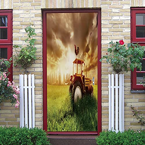 LuSeven türposter Rasen Sonne Traktor Huhn 90x200cm(35.43 inches * 78.74 inches) Türtapete Selbstklebend Türposter Fototapete Poster Tapete PVC 3D Türaufkleber Selbstklebend DIY Türbild Cover