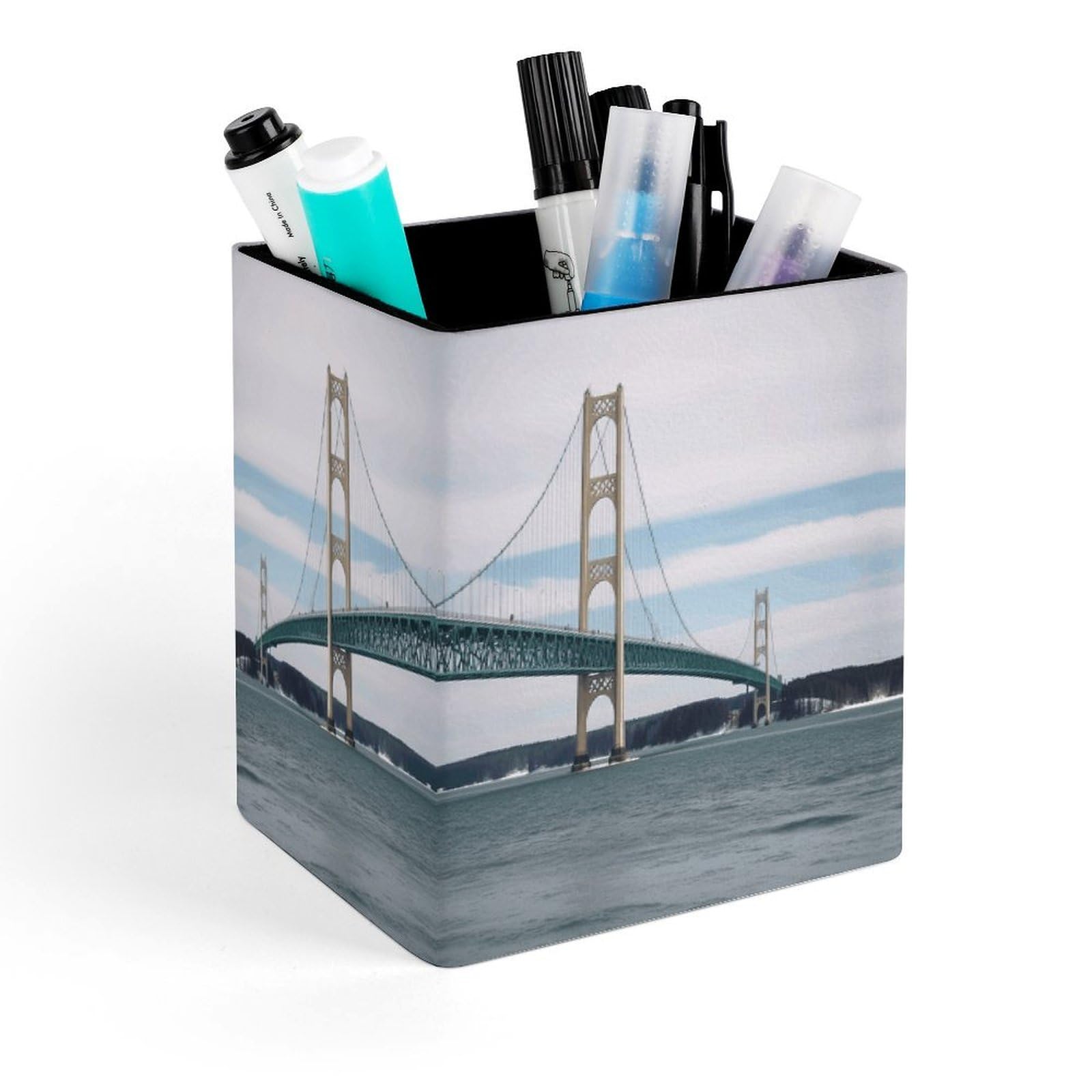 VstaDank Mackinac Suspension Bridge Pen Holder Square Pencil Holder Leather Pencil Cup Pen Organizer Makeup Brush Holders Pen Cups Desktop Stationery Organizer for Home Office Desk Organizers