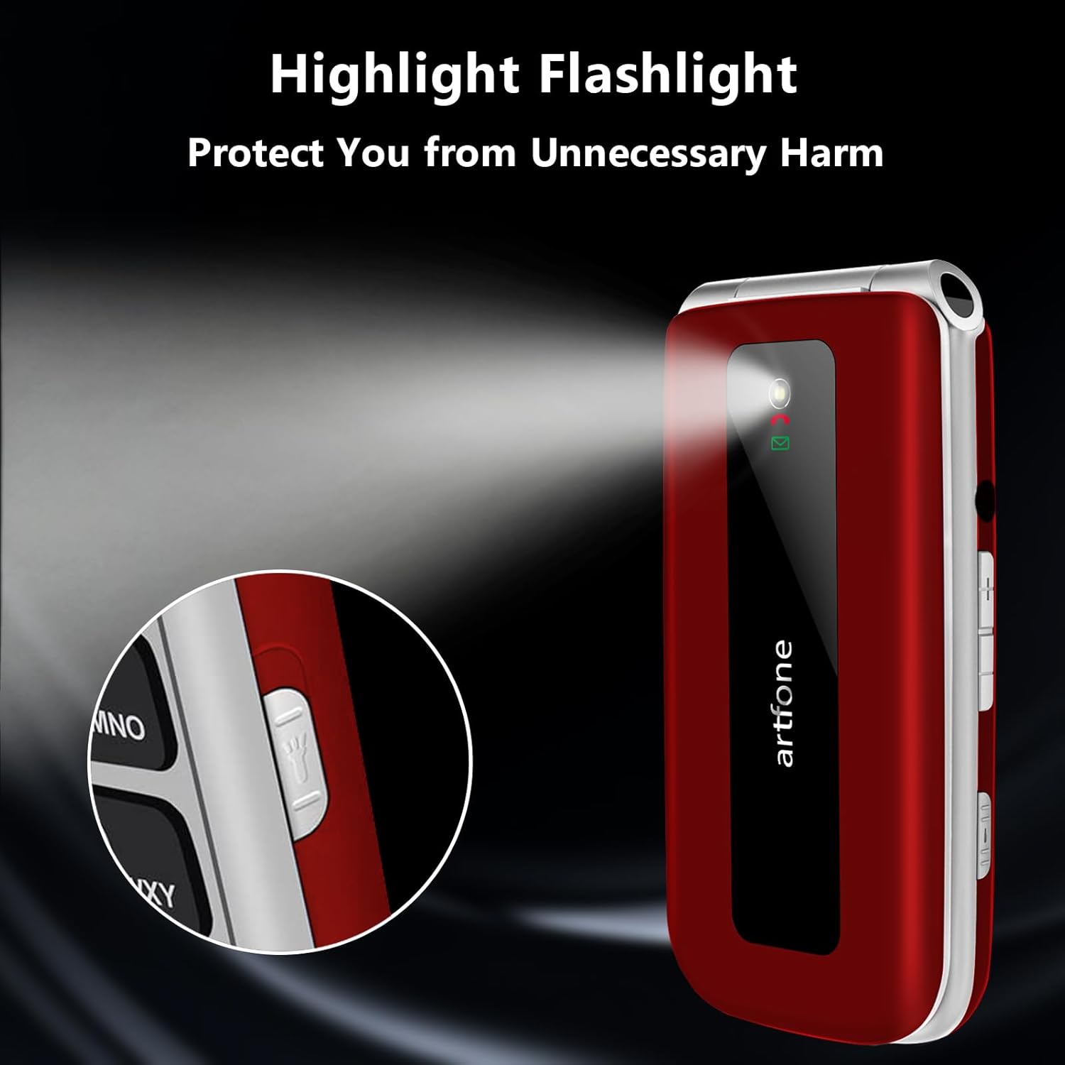 artfone F20 phone with its flashlight illuminated, showing the light beam
