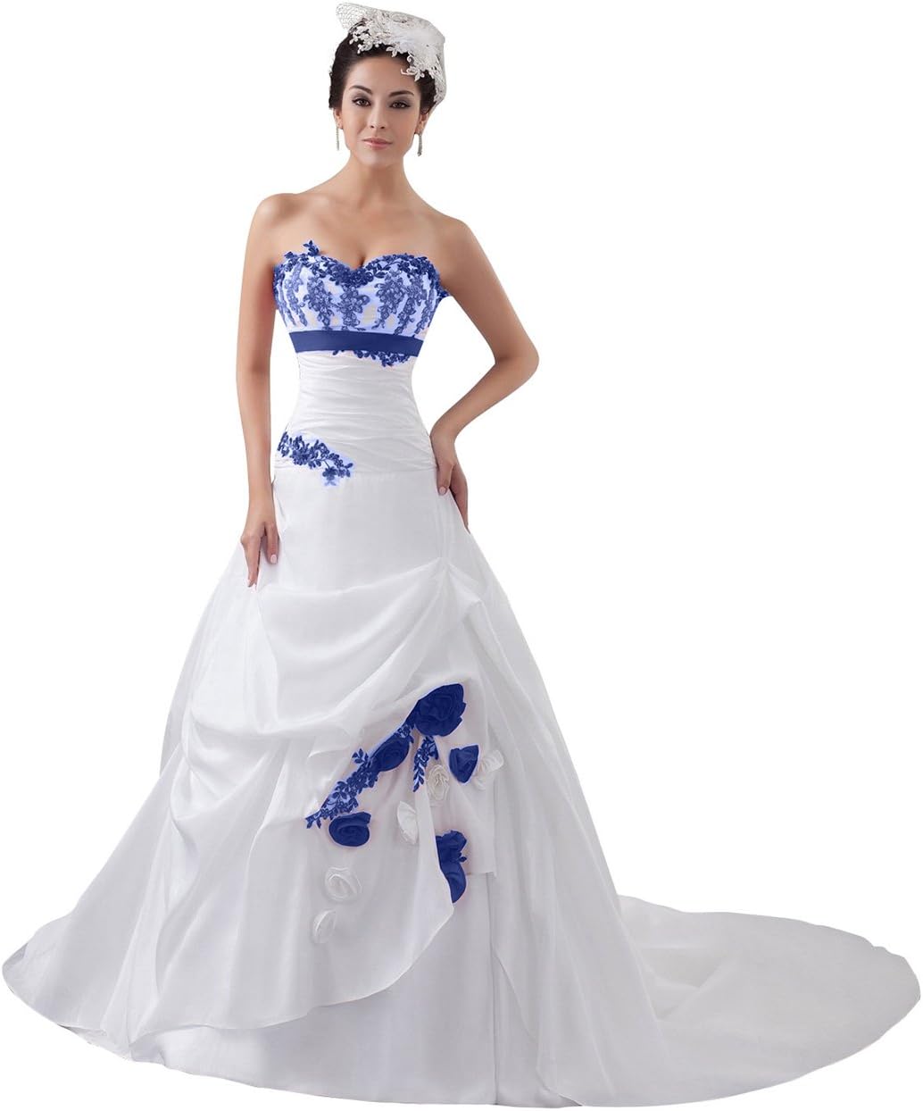 AMBRIDAL Women's A-Line Sweetheart Court Train Satin Zipper-Back Wedding Dress