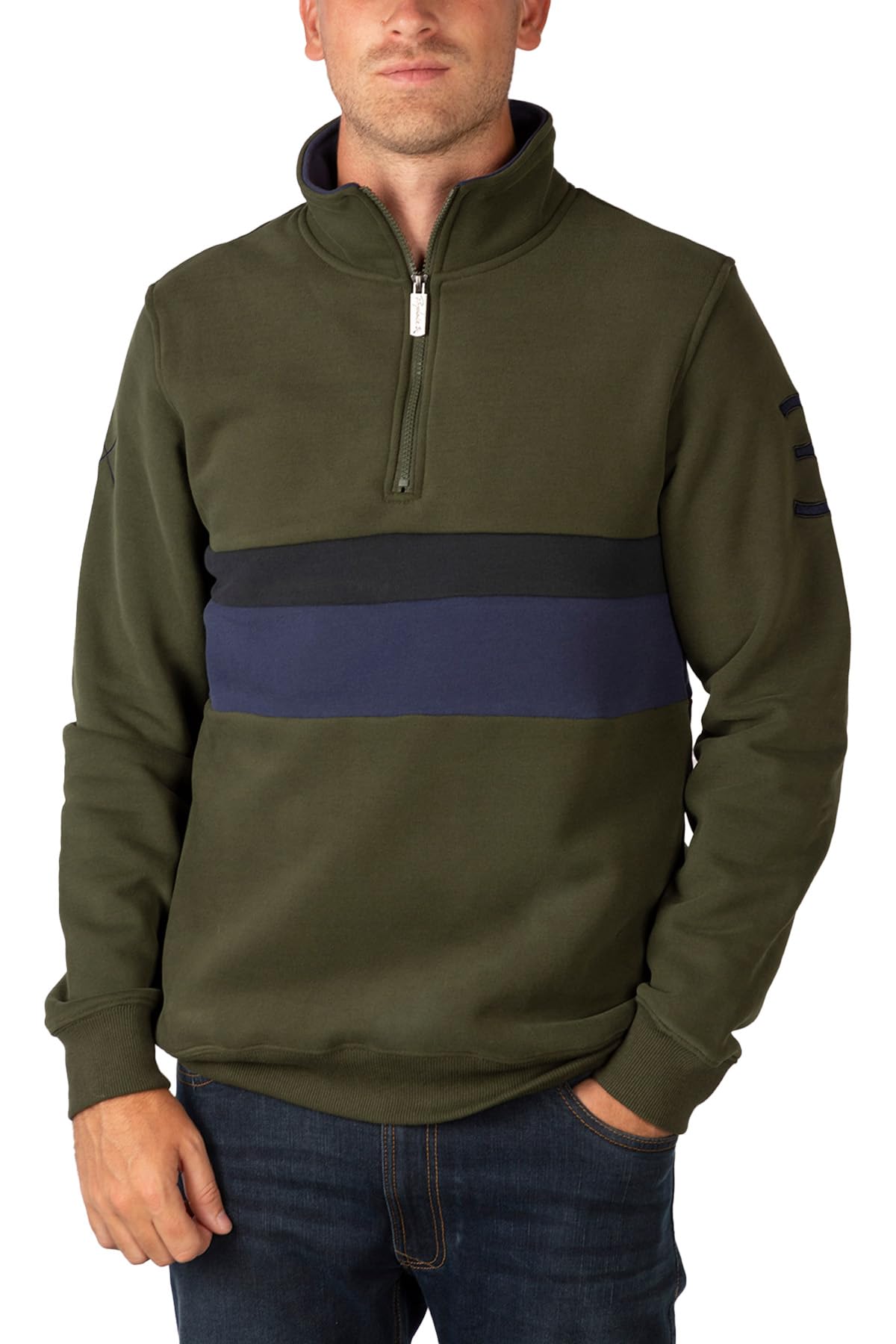 Rydale Men’s Overhead Sweatshirt Quarter Zip Striped Jumper Top Sweatshirts for Men (XL, Olive)