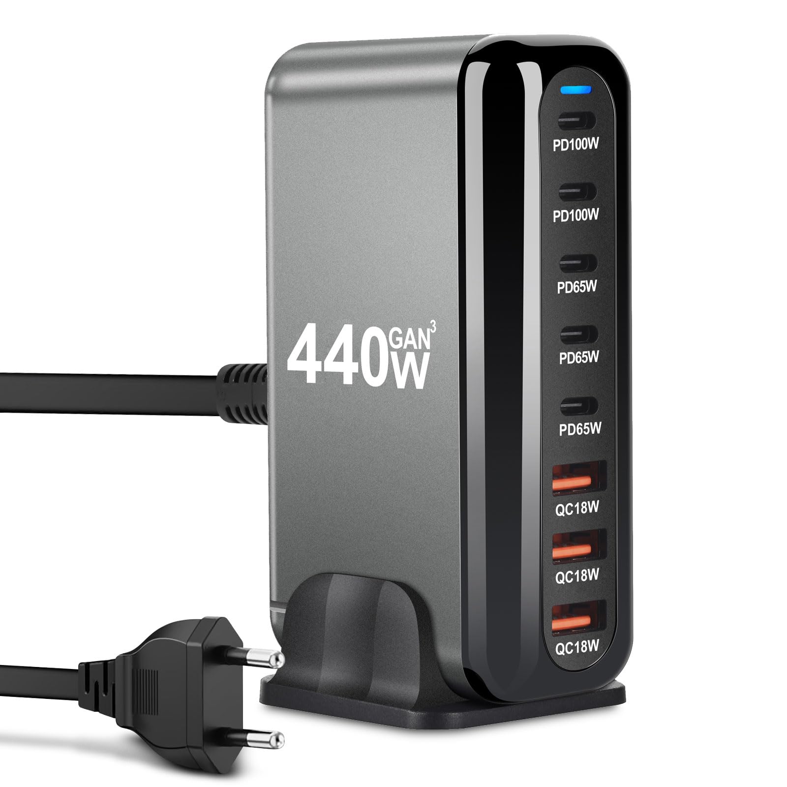 ARCELI Ładowarka USB C 440 W, 8 portów, GaN III, ładowarka USB C z 5 x USB-C PD + 3 x USB-A QC4.0, szybka ładowarka do telefonów 16/15/14 Pro Max, Samsung Galaxy, MacBook, Pad, laptop