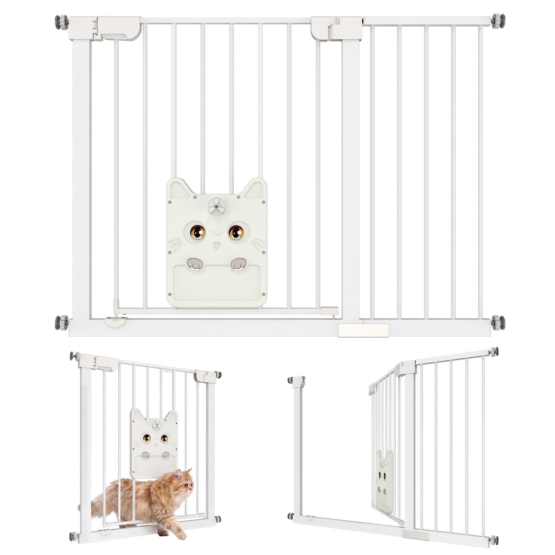 ACXIN Türschutzgitter Weiß 105-115 cm, Kinder Schutzgitter mit Katzenklappe, Babygitter Metall für Tür Treppe, ohne Bohren, beidseitig öffnend, Sicherheitsgitter für Baby Haustiere